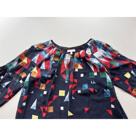 JOIE Burella Navy Geometric Print 100% Silk Georgette Ruffle Blouse, Size S - Picture 8 of 14